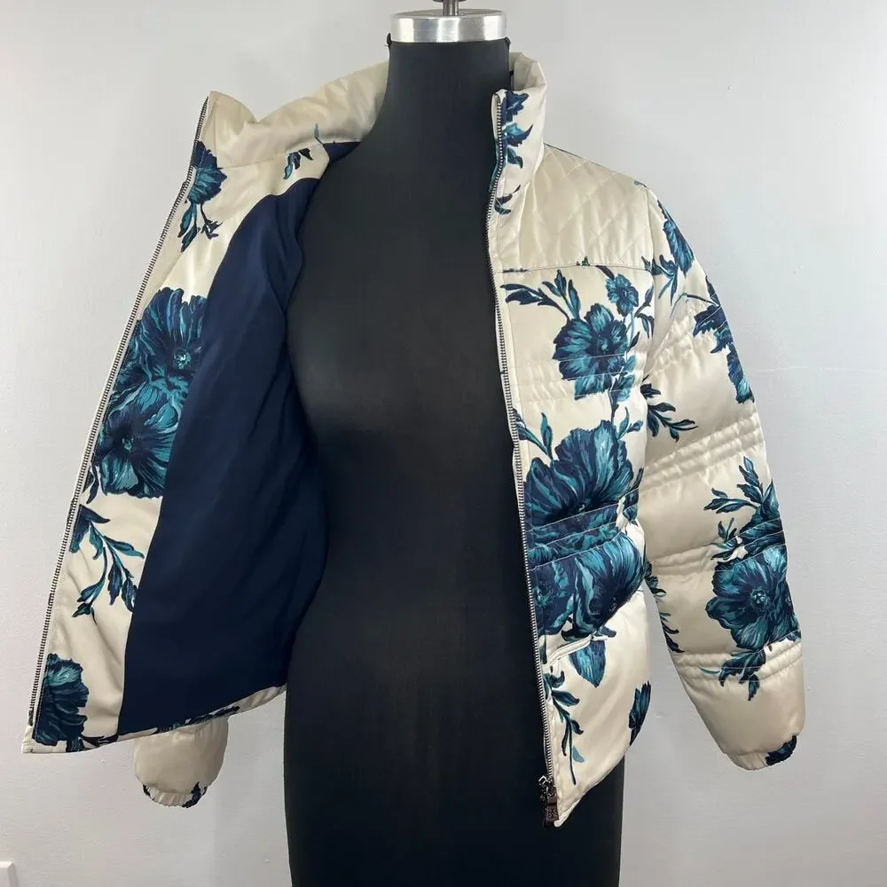 TORY BURCH White Blue Floral Full Zip Down Fill Quilted Puffer Jacket X-Small XS